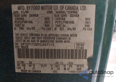 2000 Ford F-150 Work Series/Xl/Xlt from USA, damaged, VIN 2FTZF1722YCA27112